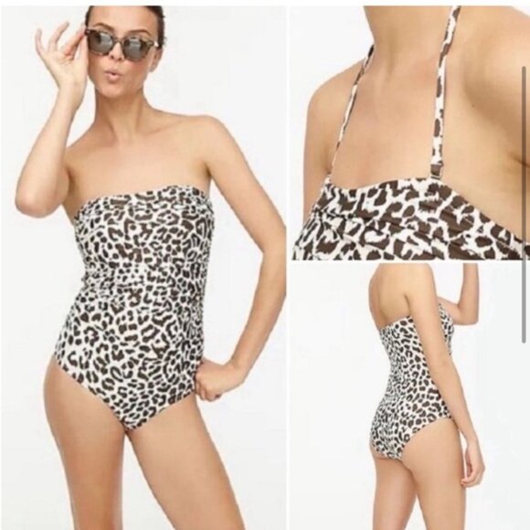 NWT J.Crew Women’s Brown Leopard Print Ruched Bandeau One Piece Swimsuit Size 2 - Picture 2 of 11
